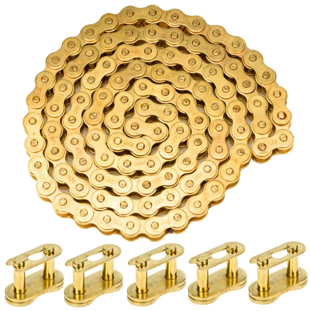 420 Drive Chain 104 Links with 5pcs Connecting Master Links for Chinese 110cc 125cc Rocket Sunl Taotao Kazuma SSR Thumpstar YCF SDG CRF 50 70 Pit Dirt Motor Trail Bike ATV Quad Motorcycle Parts Gold
