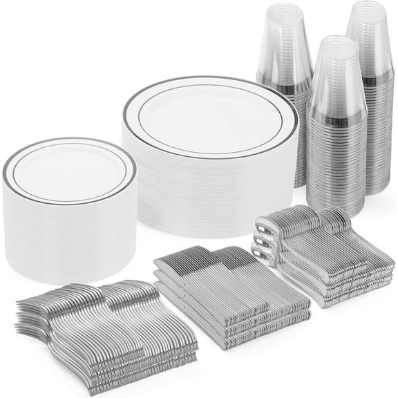420-Piece Silver Disposable Dinnerware Set for 70 Guests Plates, Spoons, Forks, Knives, Cups