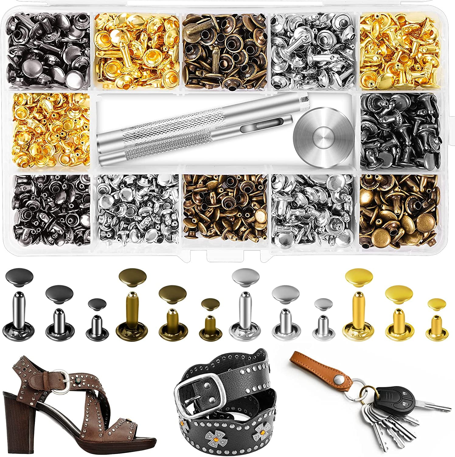 420 Sets Leather Rivets Kit, Double Cap Brass Rivets Leather Studs with