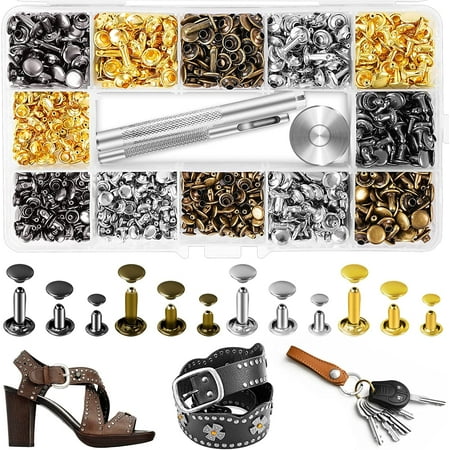 420 Sets Leather Rivets Kit, Double Cap Brass Rivets Leather Studs with 3PCS Setting Tools for Leather Repair and Crafts, 4 Colors and 3 Sizes