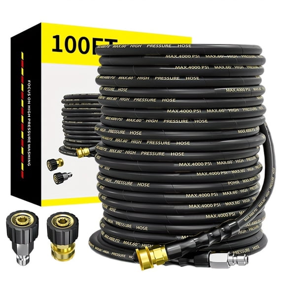 4200 PSI Pressure Power Washer Hose 100FT 3/8'' High Tensile Wire Braided Car Wash Water Wire Braided Hose, With 2 Quick Connect Kits Compatible M22 14 Mm, 1/4 Inch Hose For Pressure Washer