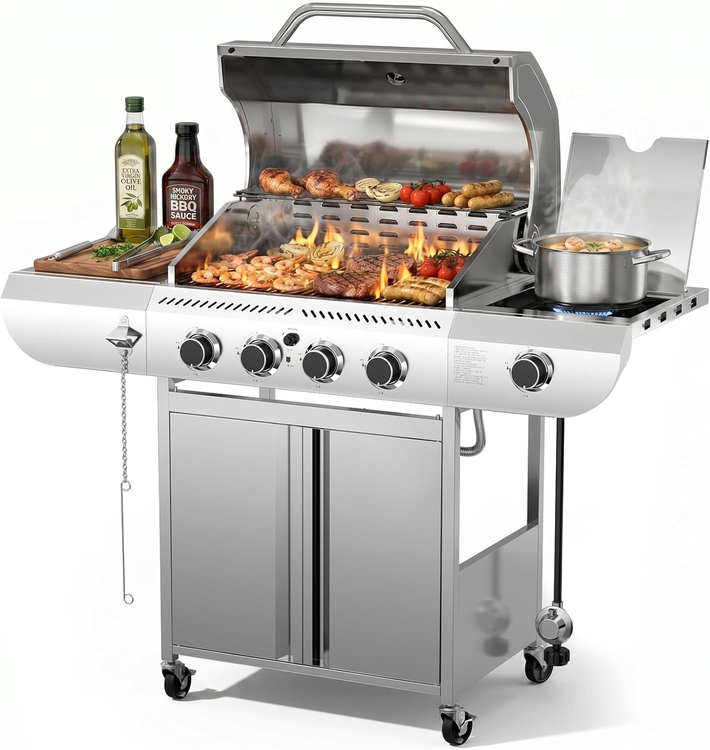 42000 BTU 4-Burner Stainless Steel Gas Grill, BBQ Grill with Side Burner & Enameled Cast Iron Grates, Pull-Out Oil Tray for Outdoor Backyard