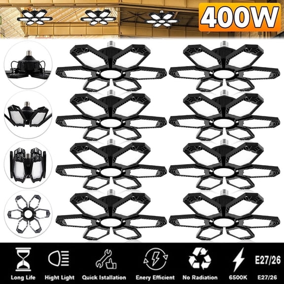 8 Packs LED Garage Light, 150W Deformable LED Ceiling Light with Adjustable Panels, E26/E27 Base, 4200LM 6500K Ultra Bright Shop Light for Garage, Warehouse, Workshop, Basement