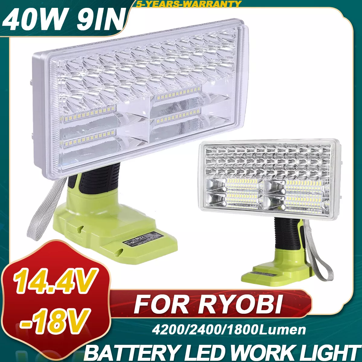 4200LM Cordless LED Work Light Powered by Ryobi 18V ONE+ Li-ion Ni-Cad Ni-Mh Battery, Ryobi 18V Flashlight Spotlight with 9" Zinc Alloy Lamp Cap, Use for Emergency, Camping, Hiking