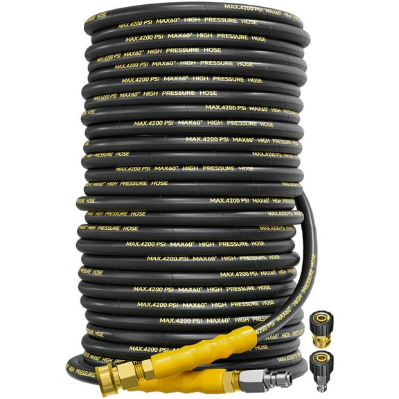 4200PSI Pressure Washer Hose 200FT with 3/8" Swivel Quick Connect for Cold/Hot Water, Kink Resistant Steel Wire Braided, Wear Resistant Power Washer Hose with 2 M22 14mm Adapter Set