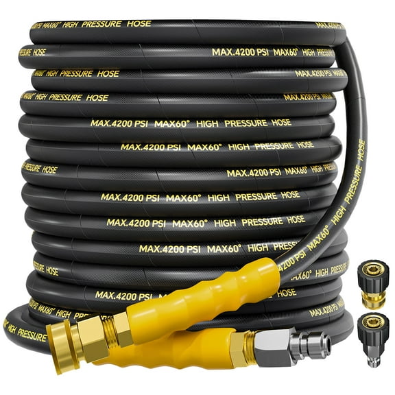 4200PSI Pressure Washer Hose 50FT with 3/8" Swivel Quick Connect for Cold/Hot Water, Kink Resistant Steel Wire Braided, Wear Resistant Power Washer Hose with 2 M22 14mm Adapter Set