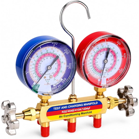 42035 2-Valve HVAC Manifold Gauge for R32 R454B R410A 1234yf Refrigerants, 3-1/8" Color-Coded Pressure Gauge with PSI F Scale, A2L Compatible Refrigerant Charging and Testing Tool, Hoses Not Include