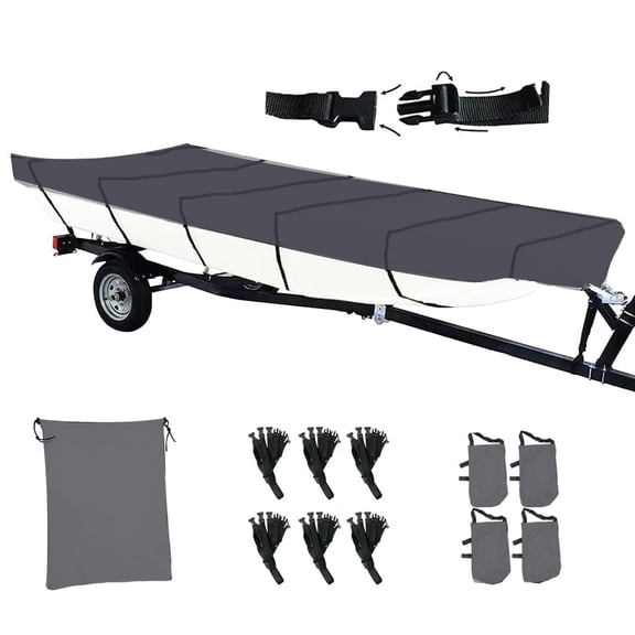 420D TrailerableJon Boat Cover 12ft Long, Beam Width up to 56in Waterproof Upgraded Version with Additional Fixing Accessories, Grey