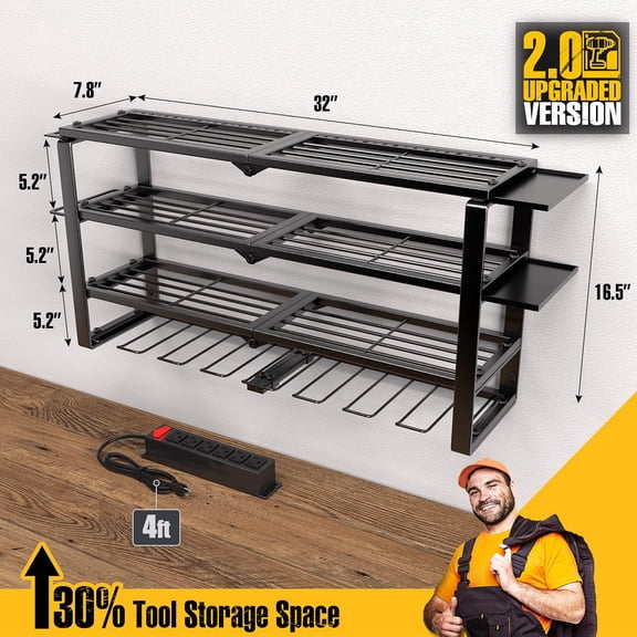 420LB Power Tool Organizer with Charging Station & 6 Outlets | Heavy Duty 4-Layer Garage Storage Rack for Drills & Batteries