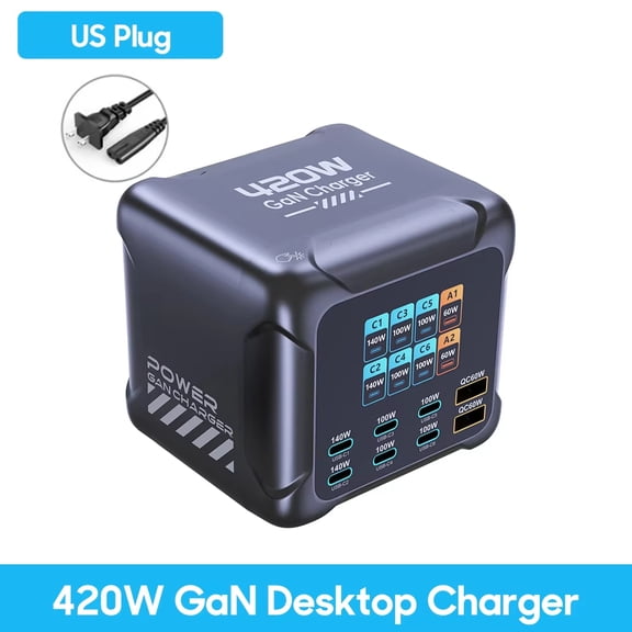 420W GaN 8-Port USB C Charging Station with Touch Control, LCD Display, 2140W+4100W USB-C & 260W USB-A, Fast Charger for Laptops/Phones/Tablets