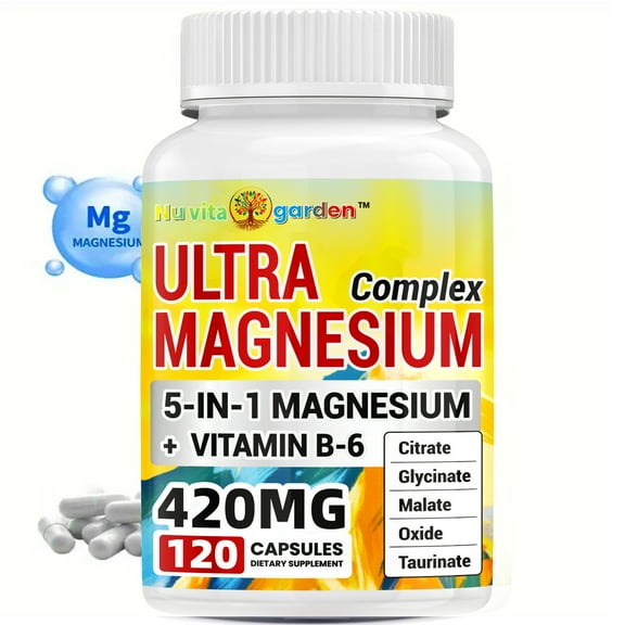420mg 5-in-1 Magnesium Supplement Complex & Vitamin B6 Vegan Magnesium Supplement for Women and Men | Muscle, Heart, Bone Support* | Promotes Relaxation | Gluten Free | 120 Capsules