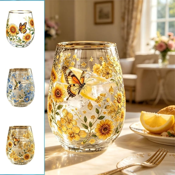 420ml Sunny Home Gifts Flower Bird Sunflower Gold Rim Glass Cup Set, 2026 Limited Crystal Tea Cup for Morning Happiness, Vibrant Nature Pattern with Gold Rim