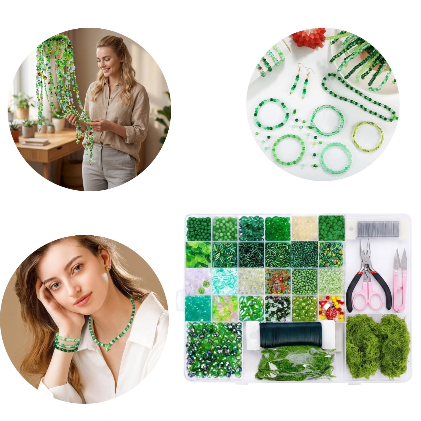 422PCS Green Glass Beaded Plant Kit, Forever Plant Beaded Leaf Flower Beads, Crystal Beads for Succulent Plant Decor, Jewelry Making, Round Faceted Seed Beads for DIY Crafts, Earrings & Necklace
