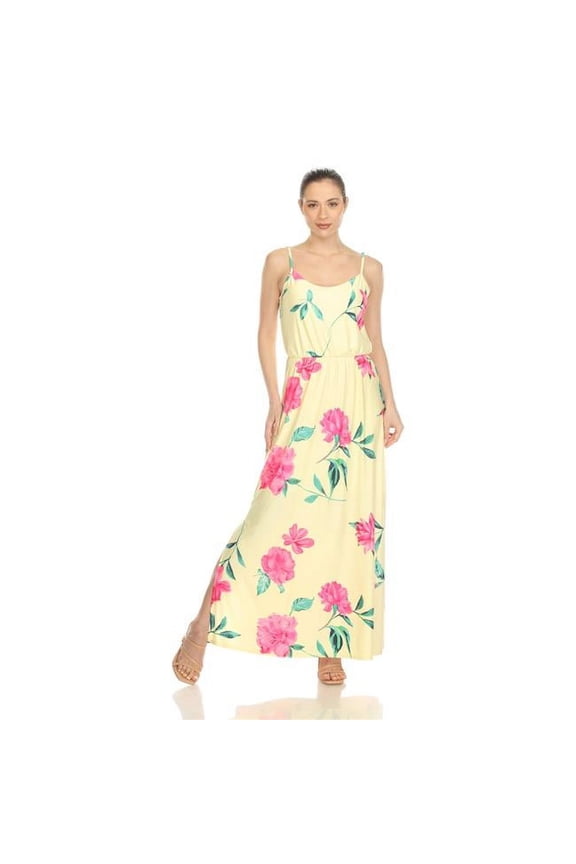 423-408-XL Women Floral Strap Maxi Dress, Yellow & Pink - Extra Large