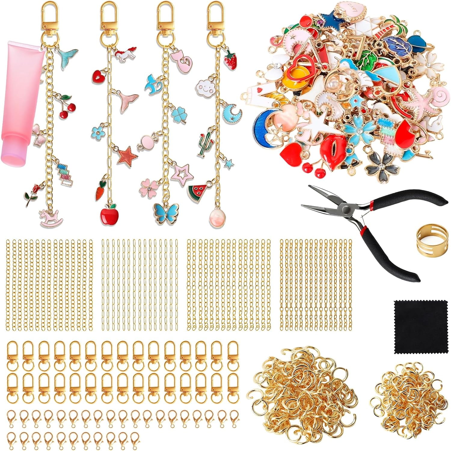 423Pcs Lip Gloss Charms Keychain Kit | Including 100 Charms 60 Keychain Clip 30 Extender Chains 1 Jewelry Plier | Bag Charm Kit | Jewelry Making Supplies for DIY Key Chain Making (Kind1)