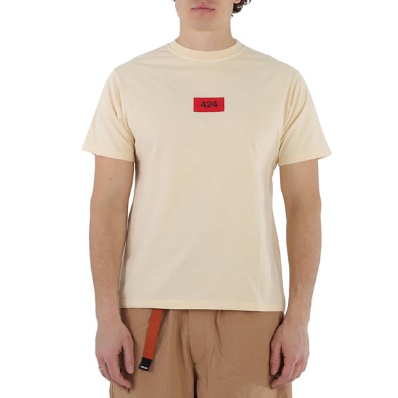 424 Men's Box Logo Embroidered T-Shirt in Cream, Size Small