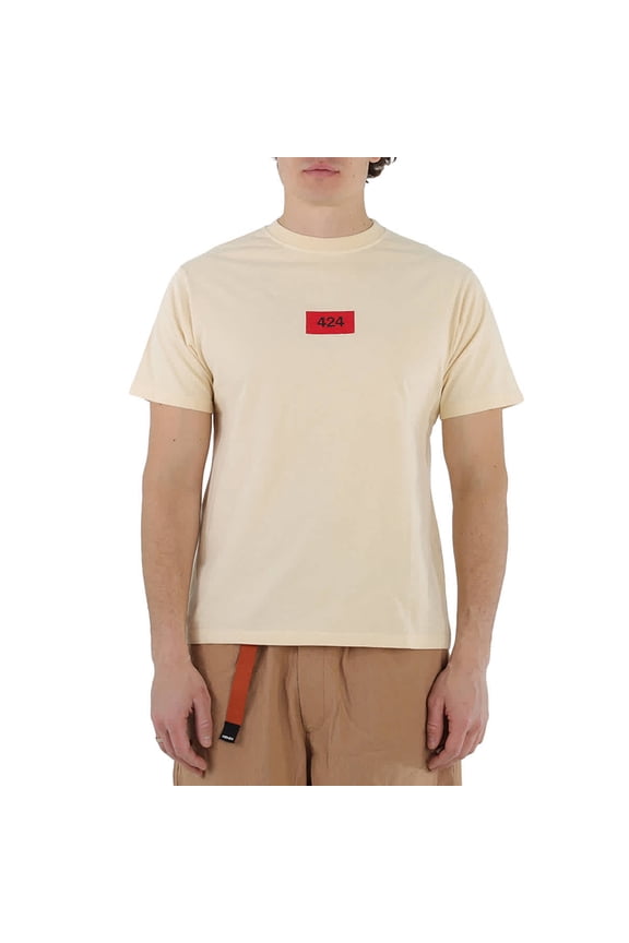 Men's Box Logo Embroidered T-Shirt in Cream, Size Small