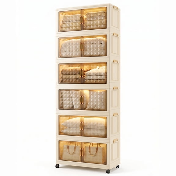 426 Quarts 6-Tier Extra Large Stackable Storage Bins with Doors and Lids, 73" Tall Plastic Storage Cabinet, Tool-Free Assembly Stackable Closet Organizer for Home Office, Pantry, Wheels