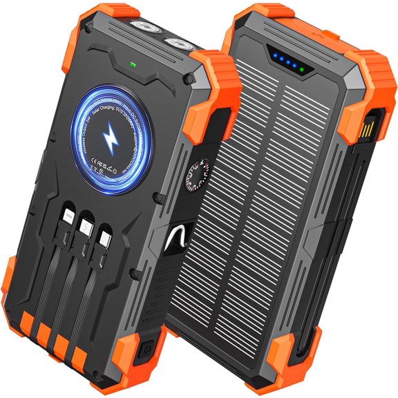 42800mAh Solar Charger Power Bank with 4 Cables, 15W Fast Charging Portable Charger for Cell Phone, Wireless Charger Solar Battery Pack with Dual Flashlights, Carabiner
