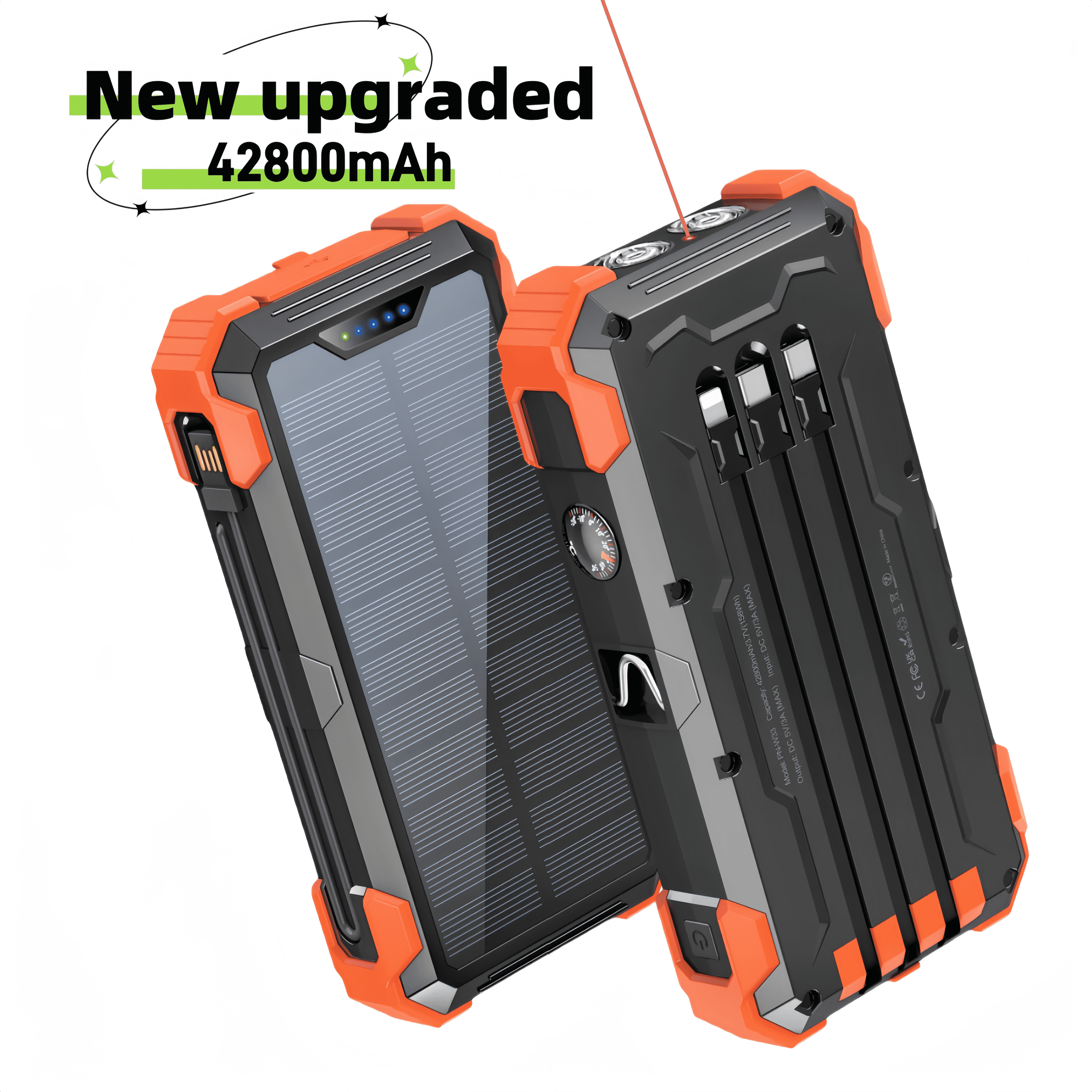 42800mAh Solar Power Bank with Built-in Cables, Solar Charging, Flashlight, and 15W Fast Charging