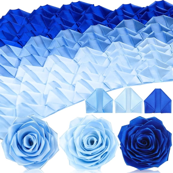 429 Pcs Premade Satin Ribbon Rose Petals Half Finished Three Color Eternal DIY Flowers Bouquets Everlasting Floral for Birthday Wedding Anniversary (Dusty Blue)