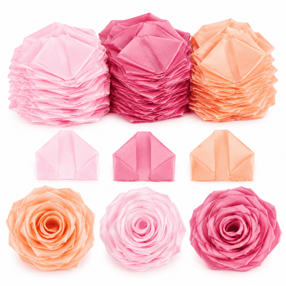 429Pcs Premade Satin Ribbon Rose Petals Half Finished, Bean Pink