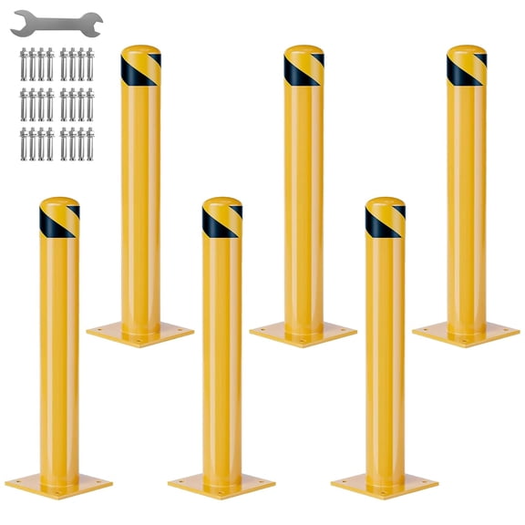42In Heavy Duty Steel Safety Bollards 6-Pack Yellow Reflective Tape Removable Bolt-Down Kit