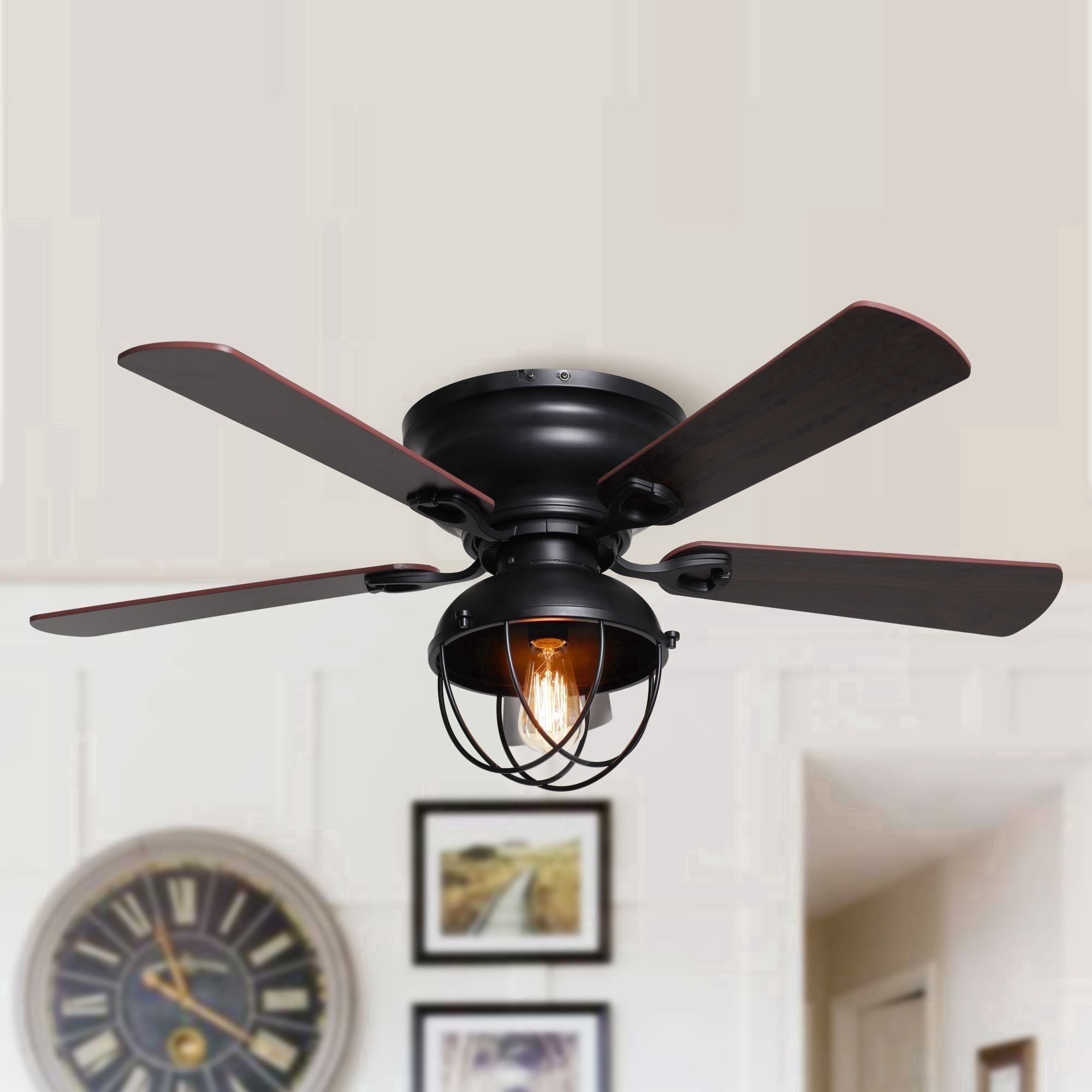 42" Modern Farmhouse Black Caged Flush Mount Ceiling Fan with Light and Remote Control