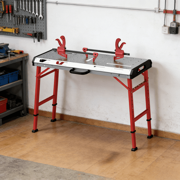 42Inch Welding Table Heavy Duty 1000 Lbs Capacity Galvanized Metal Workbench Adjustable Height 27.7 To 36.7 Inch Folding Portable Shop Bench 2 Bar Clamps Anti Slip Feet Silver Red Strong Frame