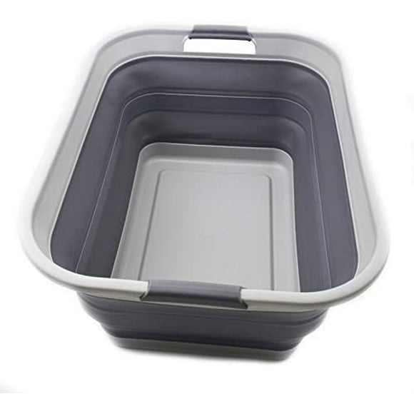 42L(11 gallon) Set of 2 Collapsible Plastic Laundry Basket-Foldable Pop Up Storage Container-Portable Washing Tub-Space Saving,Water capacity 34L(9 gallon) (2 rectangular - strengthen, black)