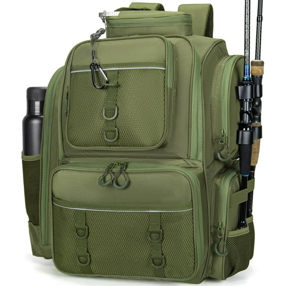 42L Fishing Backpack with Rod Holders, Waterproof Fishing Tackle Backpack Fishing Bag with Hidden Shoulder Straps, Green