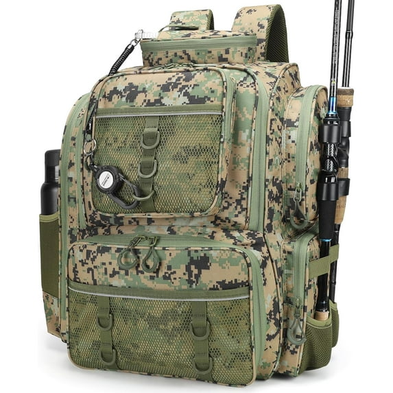 42L Fishing Backpack with Rod Holders, Waterproof Fishing Tackle Backpack Fishing Bag with Hidden Shoulder Straps, Olive Camouflage