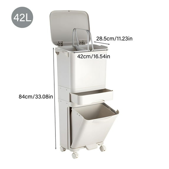 42L Kitchen , Large Three-Layer Dual Trash and Recycling Bins, Vertical Dry and Wet Separation Waste Sorting Bins with Wheels for Kitchen, Bedroom, Livingroom, White (Without Bucket)