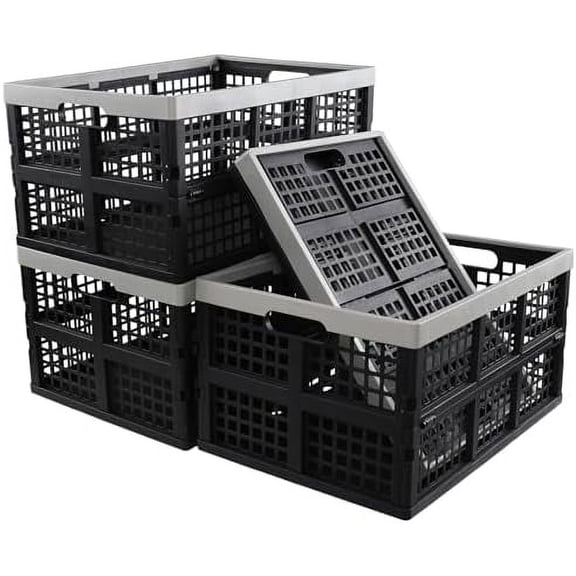 42L Large Plastic Folding Storage Crates, Plastic Stacking Collapsible Crates, 4 Packs$$Office