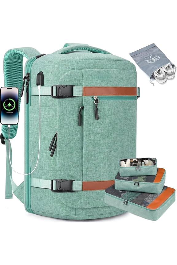 42L Travel Backpack with 4 Packing Cubes, TSA Friendly Flight Approved Carry- Bag with USB Port, Water-Resistant Weekender Business Backpack for Men Women, Fits 17.3" Laptop(Green)