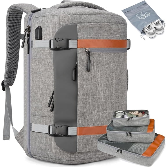 42L Travel Backpack with 4 Packing Cubes, TSA Friendly Flight Approved Carry- Bag with USB Port, Water-Resistant Weekender Business Backpack for Men Women, Fits 17.3" Laptop(Grey)