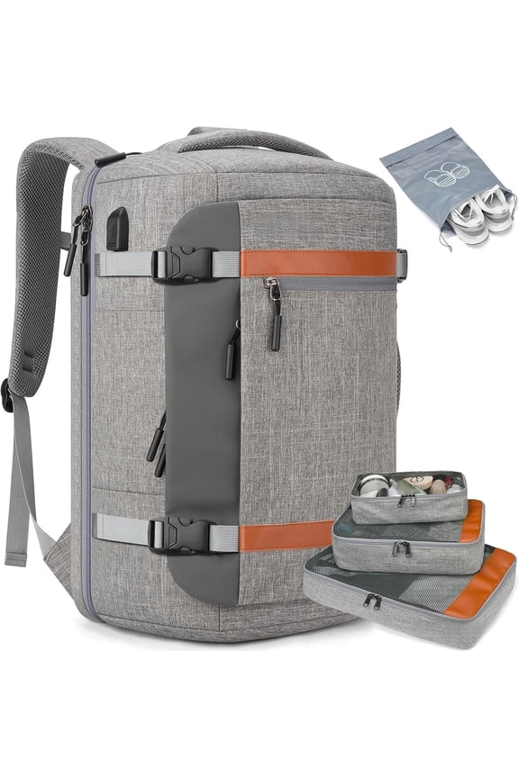 42L Travel Backpack with 4 Packing Cubes, TSA Friendly Flight Approved Carry- Bag with USB Port, Water-Resistant Weekender Business Backpack for Men Women, Fits 17.3" Laptop(Grey)