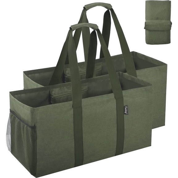 42L Utility Tote Bag, Oxford Fabric Folding Grocery Bags with Handles and Pockets, 2 Pack