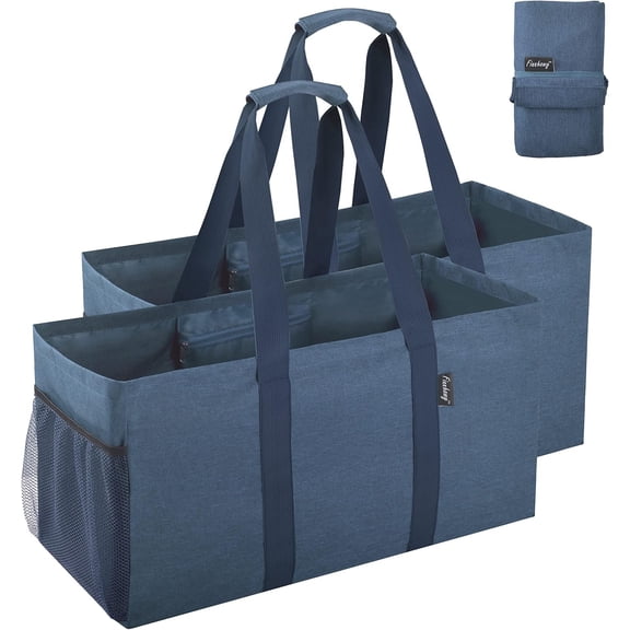 42L Utility Tote Bag, Oxford Fabric Folding Grocery Bags with Handles and Pockets, 2 Pack