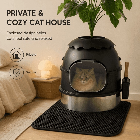 Hidden Cat Litter Box Planter with Removable Stainless Steel Tray, Black