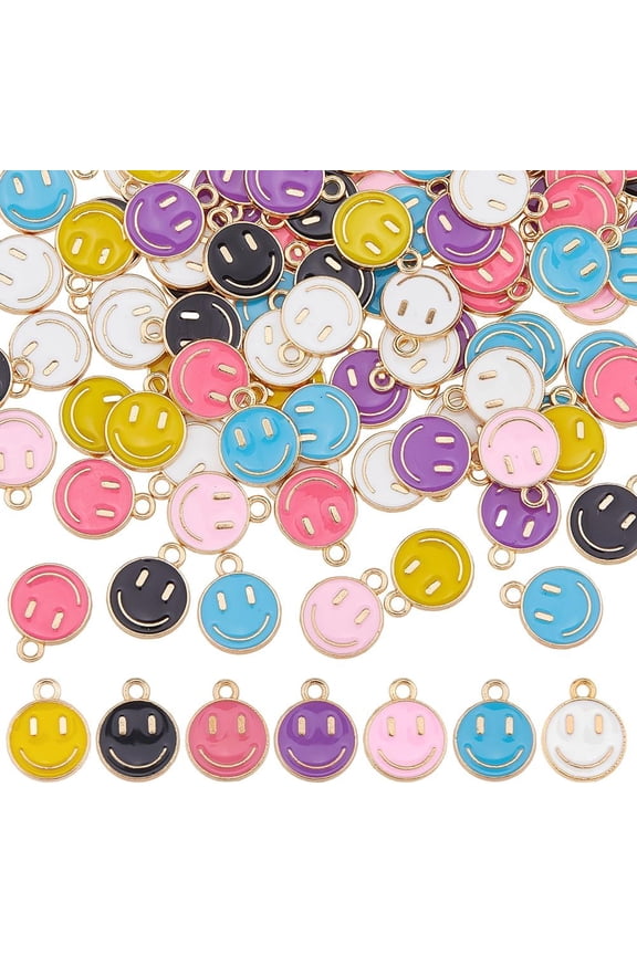 42PCS/140PCS 7 Colors Smile Face Charms Pendants Alloy Enamel Charms with Smile 14.5x12mm Colorful Happy Face Enamel Pendants Smiling Bulk Pendants for DIY Jewelry MakingHole: 1.5mm Colorful