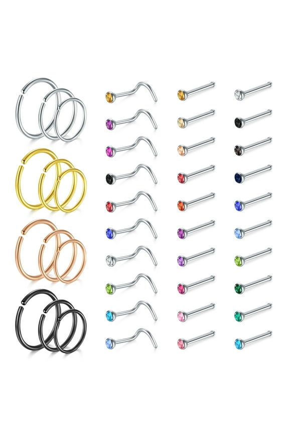 L Shape Hoops Studs, Clear Cubic Zirconia & Stainless Steel Nose Rings, 42-Piece