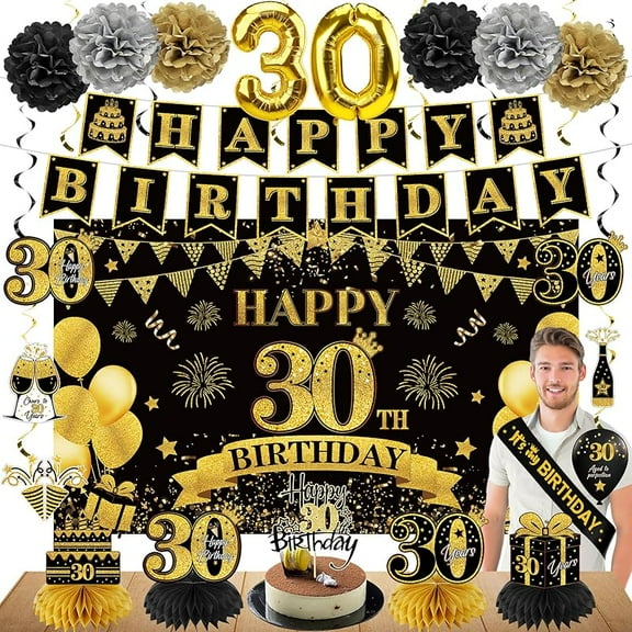 42PCS 30th Birthday Decoration Kit for Men Women, Black Gold Happy 90th Bday Banner Balloons Honeycomb Centerpiece Swirl Paper Pompoms Party Supplies, 90 Bday Sash Table Cake Topper Swirls Set