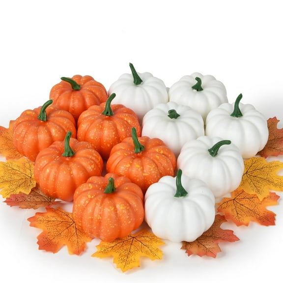 42PCS Artificial Mini Fake Pumpkins Set with Fall Maple LeavesFoam Plastic Carvable DIY Small White Craft Pumpkins Decor for Thanksgiving Halloween Home Fall Porch Table Decor(12 Pumpkins,30 Leaves)