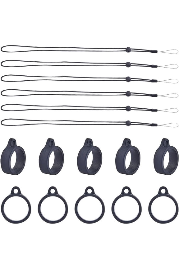 42PCS Black Anti-Lost Necklace Lanyard Set Including 6PCS Anti-Loss Pendant Strap String Holder with 36PCS Silicone Rubber Rings for DIY Office Key Chains Outdoor Activities 18mm