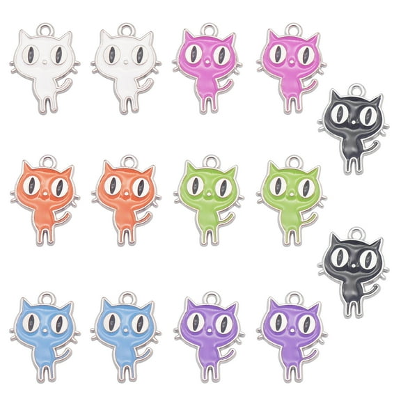 42PCS Colorful Enamel Cartoon Cat Charms 19x15mm Kitty Pendant Jewelry DIY Making Crafts Accessories