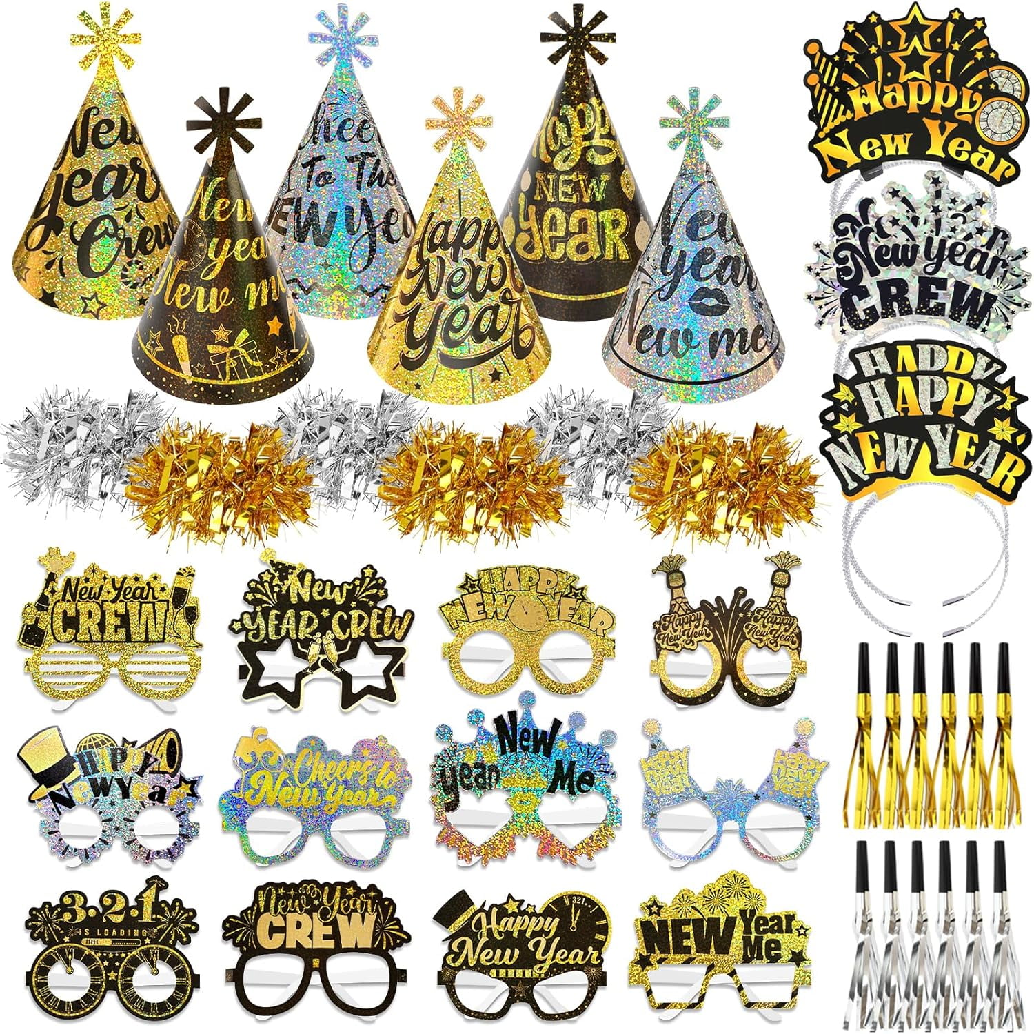 2026 Happy New Year Party Supplies Kit - 26pcs With Hats, Tiaras, Necklaces & Blowouts