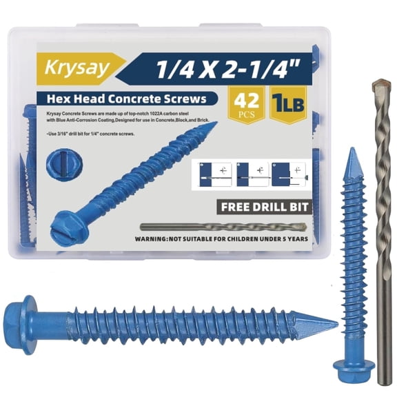42Pcs 1/4 x 2-1/4 in Concrete Screws with Drill bits,Masonry Screws for Concrete Assortment Kit,Hex Head Block Cement Stacoo Screws and Anchors,Diamond Point,Blue Coated(1LB)