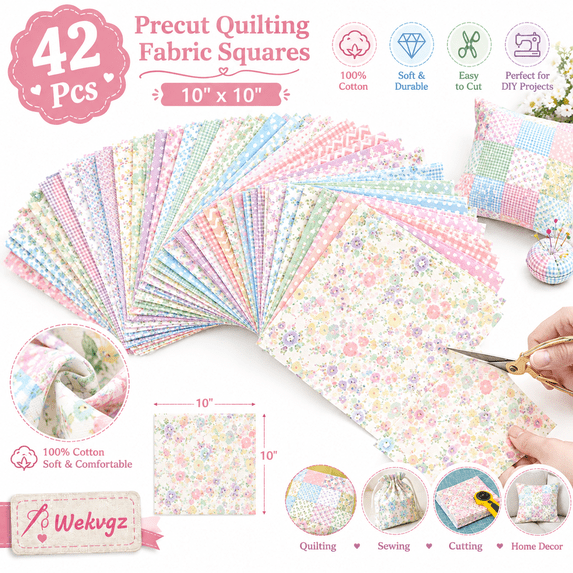 42Pcs 10"x10" Quilting Fabric Squares Precuts 100% Cotton Floral Fabric Bundles for Patchwork, Sewing and DIY Crafts Style 5