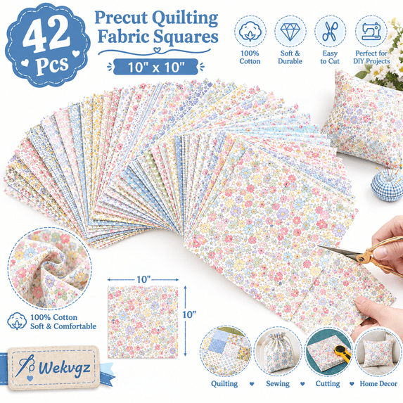 42Pcs 10"x10" Quilting Fabric Squares Precuts 100% Cotton Floral Fabric Bundles for Patchwork, Sewing and DIY Crafts Style 6
